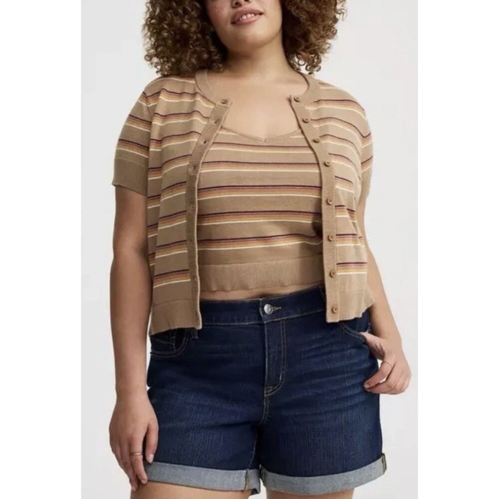 Torrid Women’s Short Sleeve Cardigan Sweater In Taupe Multi Stripe Sz 1 (14-16)